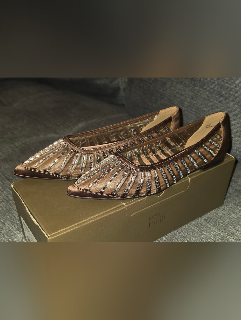 Linea Paolo Metallic Bronze Pointed-Toe Flats with Beaded Accents 8.5 Women's